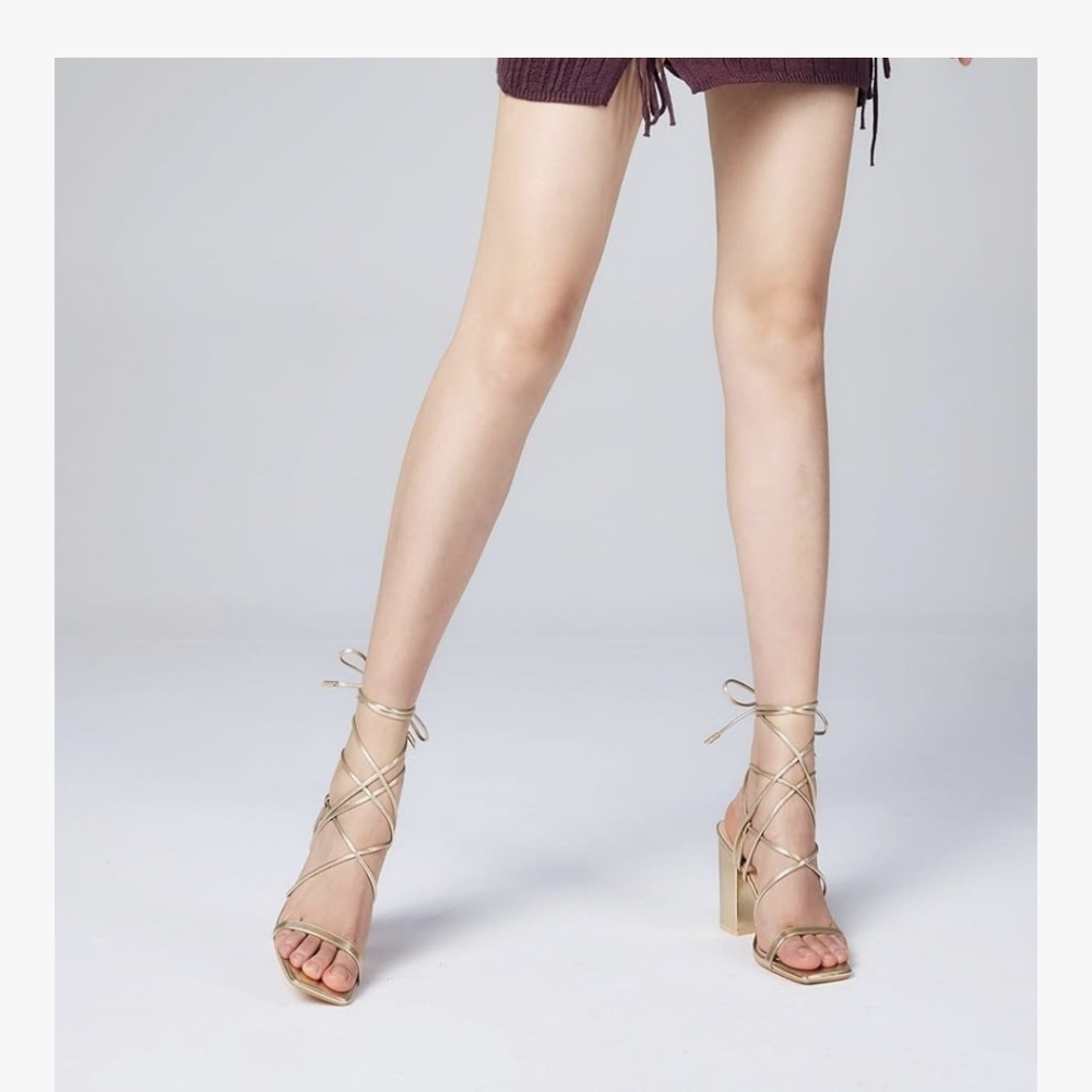 GENSHUO Square Toe Sandals Women Lace up Chunky High Heels Strappy Sandals Block